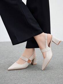 Sandalias de tacón alto grueso y puntera puntiaguda, cómodas y de moda, con hebilla cuadrada de color marfil - Beis - Ver 3