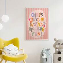 1幅带框帆布墙画，儿童房装饰，“女孩只想玩得开心”励志名言画，彩虹艺术，波西米亚风格，婴儿房/儿童房装饰，孕妇房装饰 - 彩色 - 查看 8