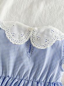 Đầm xếp ly không tay kẻ caro cổ bèo nhún cho bé gái, giản dị & dễ thương khi đi chơi, phù hợp cho mùa xuân & hè - Màu xanh lam - Xem 5