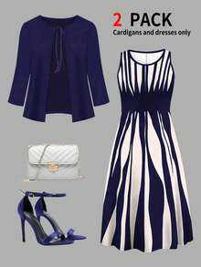 Conjunto de 2 piezas de mujer talla grande con chaqueta tipo cárdigan de manga 3/4 con lazo delantero y vestido asimétrico de cuello redondo sin mangas con estampado de rayas, elegante para otoño/invierno primavera verano - Azul Marino - Ver 2