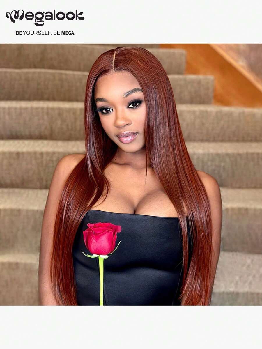 MEGALOOK 13x4蕾丝前假发，直发红棕色，#33色，100%真人处女发，Remy级，预先修剪发际线，漂白发结 - 透明蕾丝前额，轻盈可调节帽 - 柔软有弹性，全天舒适，极少掉发 - 隐形自然发际线，适合 - 新娘、圣诞派对、约会之夜、度假