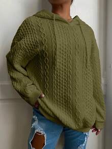 Plus Size Women Loose Casual Solid Color Jacquard Knit Long Sleeve Sweatshirt - Army Green - View 3