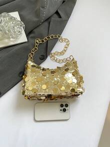 1 geantă tip baghetă cu paiete acrilice aurii, culoare solidă, geantă de umăr cu lanț pentru femei, la modă pentru toamnă/iarnă - Aur - Vizualizare 4