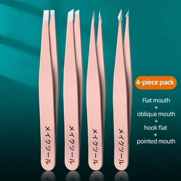 4PCS Stainless Steel Tweezers For Eyebrow Hair Facial Hair Removal, Splinter, Blackhead Slant Tip Angle Tip Pointed Tip