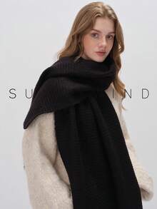 1pc Women Solid Color Soft Knit Scarf, For Daily Use For Dress - Black - View 8