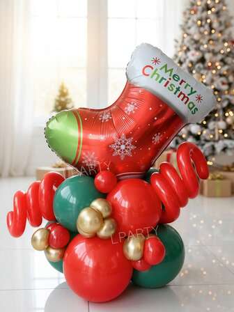 19pcs/Set Christmas Socks Decor Balloons, Merry Christmas Foil Balloons, 10 Inch Red & Dark Green Latex Balloons, 5 Inch Red & Gold Latex Balloons, New Year 2026 Party Decorations, Christmas Balloon Arch, Christmas Wreath, Decor Balloons