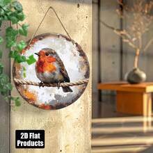 2D 平面木质嘲鸫墙饰，圆形乡村农舍风格，饰以秋叶和树枝图案，适用于厨房、节日、酒吧、门廊等家居装饰，门廊装饰 - 彩色 - 查看 7