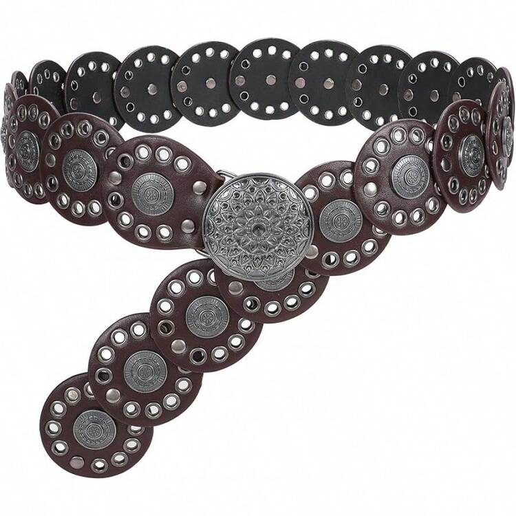 Women’s Bohemian Wide Leather Round Concho Western Belt Brown Silver Grommets Western boho leather Disc Concho Belt Brown silver grommets  main image 2