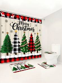 1 Stück/4 Stücke fröhliche Weihnachten bunte Weihnachtsbaum Muster multifunktionale wasserdichte Duschvorhang mit 12 Haken, rutschfeste Badezimmermatte, U-förmige Bodenmatte und runde Toilettendeckelabdeckung, Badezimmer-Set für alle Situationen