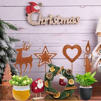 圣诞庭院标志（4 件套）、金属花园桩装饰户外人物、装饰艺术风格节日草坪装饰、自然主题驯鹿、星星、心形和蜡烛，无需电池，落地安装