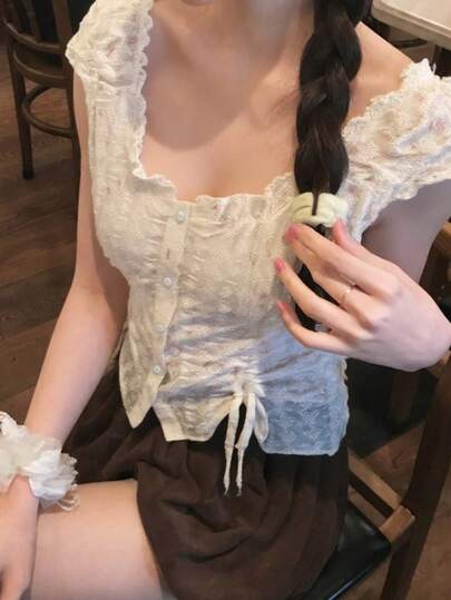 2pcs/Set 2025 Spring/Summer Korean Style Floral Frill Drawstring Tie Cropped Short Sleeve Top + Tube Top