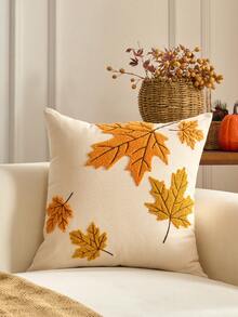 1 pieza Funda de almohada de 18 x 18 pulgadas con hojas de arce de otoño y calabaza 3D bordada en capas. Funda de almohada de estilo granja en color beige para sofá, sillón, decoración de otoño, Halloween, Acción de Gracias, otoño, decoración del hogar, vuelta al colegio, útiles escolares