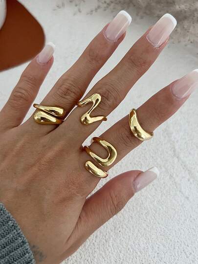 4 قطع/مجموعة من خواتم هندسية مفتوحة بشكل دائري غير متماثل بطراز قديم، مجوهرات أنيقة للنساء، مناسبة للحفلات والاستخدام اليومي
