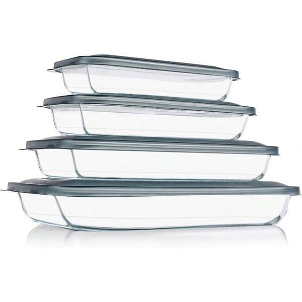 8 Pieces Glass Baking Dish With Lids Rectangular Glass Baking Pan Bakeware Set With Lids, Baking Pans Lasagna, Leftovers, Cooking, Kitchen, Fridge - To - Oven, Gray