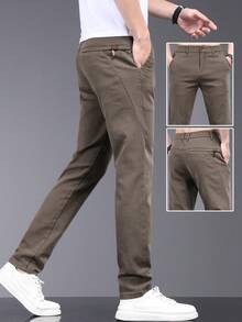 男士新款斜口袋字母刺绣直筒休闲裤，绅士轻薄商务锥形裤，修身时尚百搭，适合老公男朋友朋友聚会朋友聚会 - 咖啡棕 - 查看 5