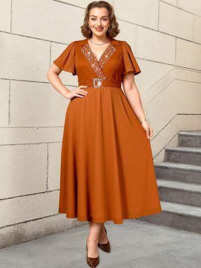 AOMEI Vintage Women Reinstone Sparkly Fit And Flared Dress V Neck A Line Church Formal Works Business Dresses With Belt