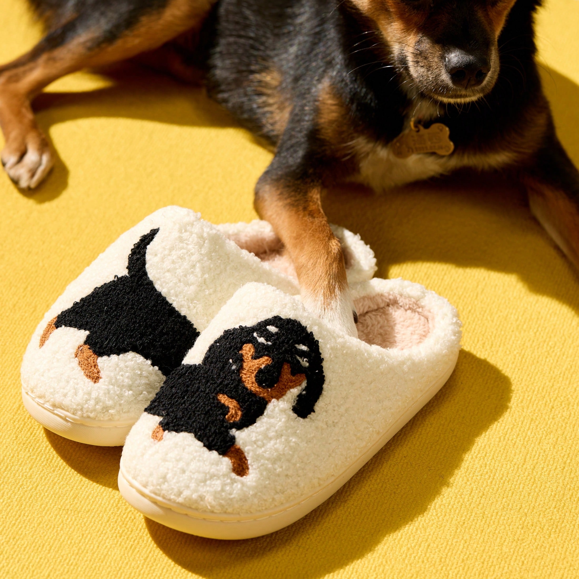 Pantuflas de interior de perro salchicha de peluche con suela gruesa bordada, a cuadros y mullidas, antideslizantes y cálidas, pantuflas de perro de