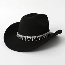 Stylish White Western Cowboy Hat With Rhinestone  Fringe For Party  Vacation - Black - View 1