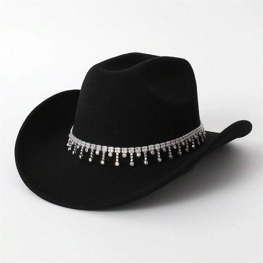 Stylish White Western Cowboy Hat With Rhinestone Fringe For Party Vacation - Black - View 1