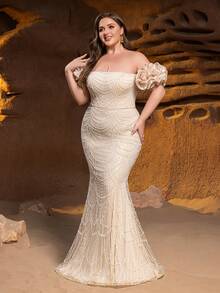 Faeriesty Haute Glamour Elegant Off-Shoulder Short Sleeve Mermaid Hem Plus Size Formal Evening Gown – Perfect For Weddings, Galas, Black-Tie Events, Award Ceremonies, And Luxury Banquets