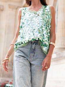 Women's Summer Shiny Sequins Vest Sleeveless Round Neck Fashionable Party Tank Tops - Verde - Ver 5