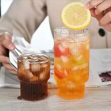 1pc Creative Minimalist Striped Glass Coffee Mug, Home Iced Drink Cup, Milk Cup, Ins-Style Coffee Mug, Suitable For Iced Americano, Latte, Juice, Iced Drink, Matcha, Milk. Back To School And Holiday Gift