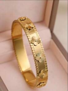 3 Peças Pulseiras Bracelete Floral Banhadas a Ouro 18K em Aço Inoxidável, Incrustadas com Zircônia Cúbica, À Prova d'Água, Joias de Pulso Estilo Europeu para Mulheres, Casual, Casamento, Festa, Dia dos Namorados, Dia das Mães, Presente