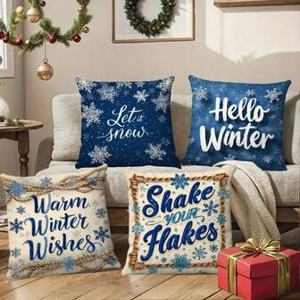 4 piezas/96 piezas Fundas de almohada navideñas, estilo contemporáneo, serie de noches de invierno azules, lavables a máquina, funda decorativa de cojín impresa de poliéster, con cremallera, 18x18 pulgadas para decoración de sala de estar y sofá