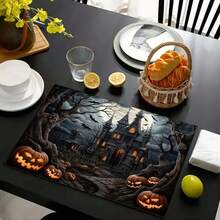 4 Stücke Halloween Horror Schloss & Kürbis Muster Leinen Tischsets - Gewebte Leinen rechteckige Tischsets für Speisezimmer, Küche, Kaffeetisch, Esszimmerdekoration - Verschiedenfarbig - Übersicht 16