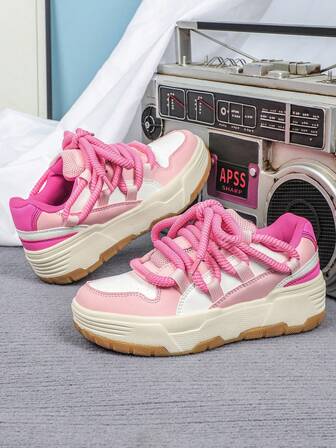 أحذية تزلج خارجية عادية، أبيض، وردي، وردي فاتح، موضة الدوبامين، مثالية كهدايا لرأس السنة والكريسماس، أحذية رياضية سميكة للنساء مع أربطة واسعة، مناسبة للسفر والعطلات والحفلات والمواعيد، أحذية رياضية متعددة الاستخدامات لموسم العودة إلى المدرسة