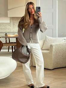 2025 Fashion New Fall Clothing For Women,Autumn/Fall And Winter Fashion Clothing, French,Daily,Elegant,Old Money Style,Going Out Clothing,Business Casual Clothing, Office Clothing,Warm Sweater Cardigan ,Khaki Cardigan Sweater With Pockets,Winter Cardigan Sweater