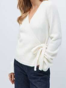 Womens Cardigan Wrap Tie Fornt Deep V Neck Cardigan Jumper Long Sleeve Y2k Knitted Crop Top Yogo Ballet Pilates Workout Sweater Fall Clothes - trắng - Xem 1