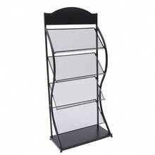 4-Tier Floor Magazine Rack Black - Curved Newspaper Display Stand With Sign Holder - 65cm Arc Design Storage For Publications - Freestanding Literature Organizer With Advertising Panel - Iron Construction Periodical Rack For Reception Areas - Black - View 1