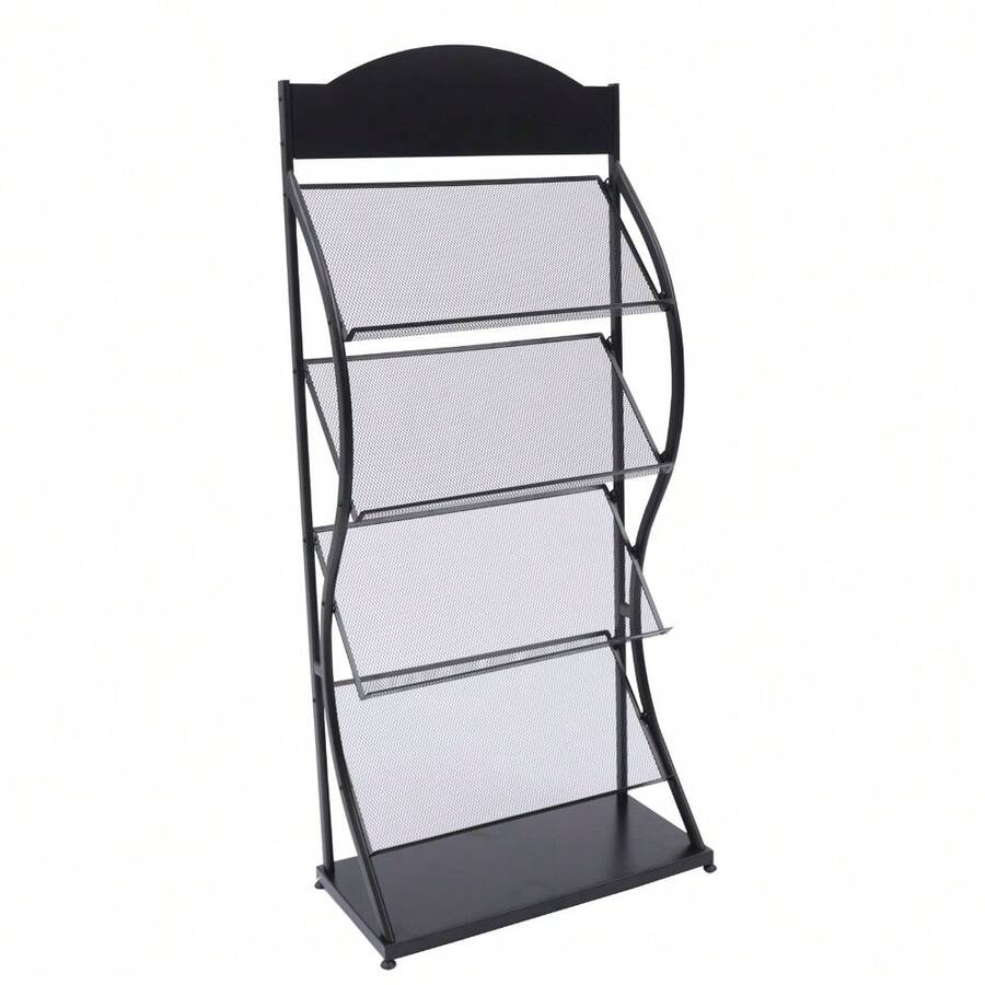4-Tier Floor Magazine Rack Black - Curved Newspaper Display Stand With Sign Holder - 65cm Arc Design Storage For Publications - Freestanding Literature Organizer With Advertising Panel - Iron Construction Periodical Rack For Reception Areas - Black - View 1