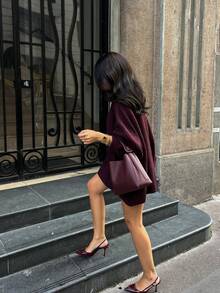 Senya Damski sweter jesienno-zimowy z okrągłym dekoltem, luźny, uniwersalny, odpowiedni na dojazdy do pracy, święta, urodziny, imprezy, wesele, Nowy Rok, Walentynki, Boże Narodzenie, bordowy top pasujący do Nowego Roku - Burgund - Zobacz 4