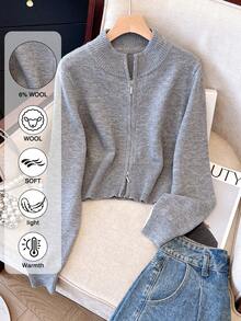 1 pieza Cárdigan de punto de unicolor con cremallera de doble vía, adecuado para vacaciones, uso diario, viajes, fiestas de cumpleaños, citas nocturnas, otoño/invierno