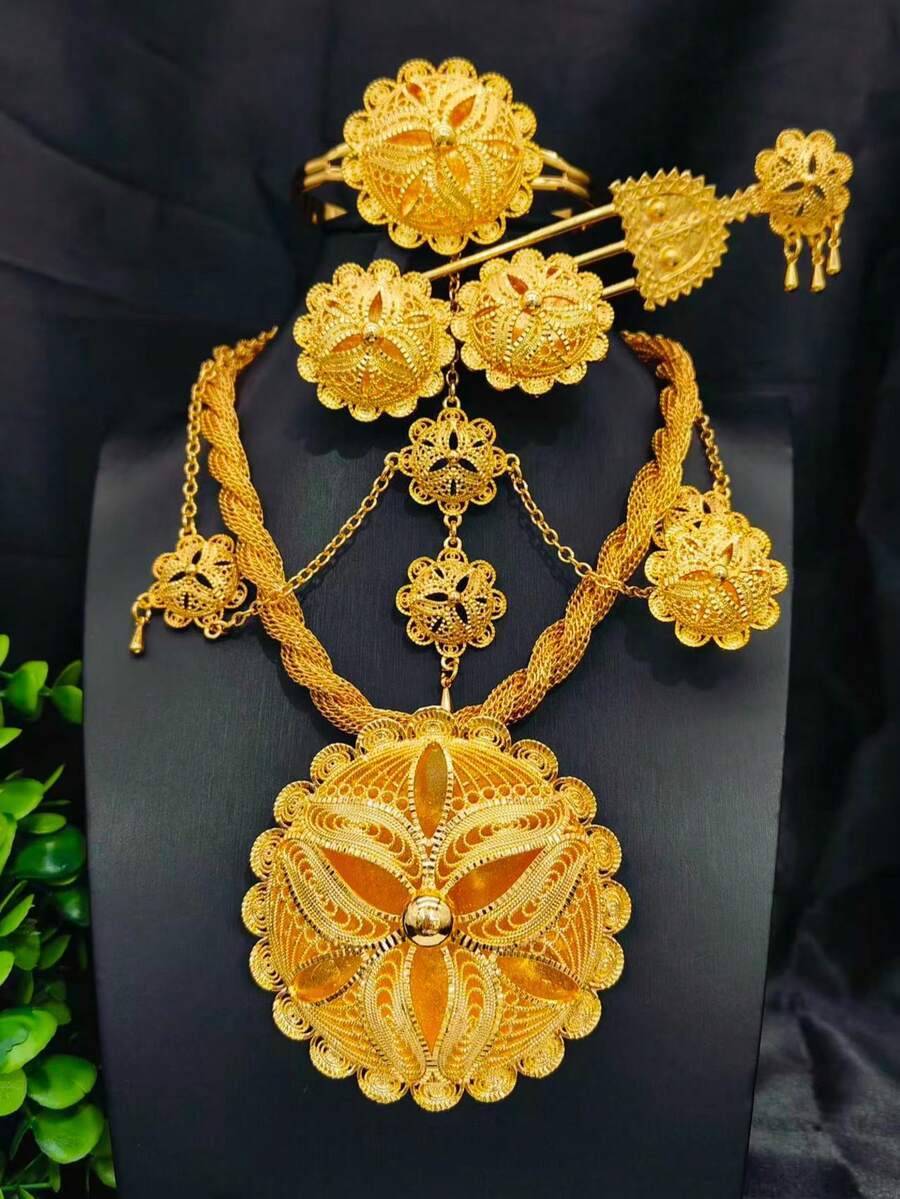 1 条项链、1 对耳环、1 条手链、1 个戒指、1 个发夹、1 个头链、花形合金中东迪拜风格首饰套装，适合沙特阿拉伯、婚礼和派对、女士 6 件金色首饰套装 - 金黃色 - 查看 1