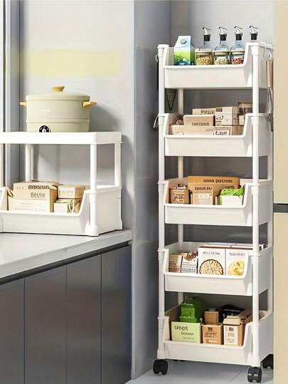 1pc Rolling Storage Cart, Freestanding Slim Simple Home Multi-Layer Storage Rack, Narrow Slit Small Bookshelf, Wall-Mounted Multi-Function Cart, Kitchen Bathroom Multi-Layer Storage Rack, Suitable For Living Room, Bedroom, Study, Storage Shelf