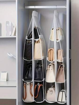 1 pieza Organizador colgante de bolsos multicapa, almacenamiento de armario ahorra espacio, clip a prueba de polvo para bolsos, diseño colgante conveniente para accesorios de moda de mujer, opcional blanco 6/8 compartimentos, organizador colgante de espacio ahorra compartimentos para carteras y bolsos, soporte multicapa para almacenamiento de bolsos