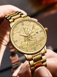 （无需电池）自动机械表，全金豪华男士腕表系列“一帆风顺”，适合作为礼物送给家人、伴侣或朋友 - 金色 - 查看 5