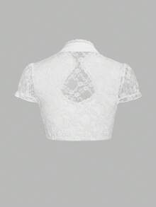 ii Heart Neckline Lace Short Sleeve Button Front Traditional Lace Blouse, Suitable For Oktoberfest And Halloween White Fall - White - View 2