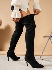 Women's Fashion Over-The-Knee Boots, Pointed Toe Suede, Slim High Heel, Synthetic Rubber Sole, Easy To Clean (Hand Wash/Dry Clean), Suitable For Daily And Formal Occasions, Business Casual, Beach, Holiday, Party, Wedding, Office Casual - Women's Over-The-Knee Elastic Boots - Black - View 6
