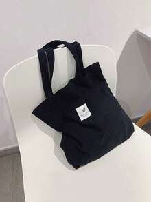 Túi Tote Vải Nhung Phong Cách Retro Túi Đeo Vai Đơn Giản Cho Nữ Túi Xách Trang Trí Chữ Patch - màu đen - Xem 6