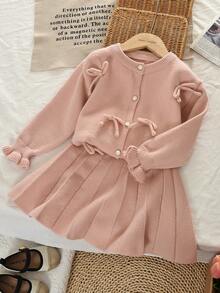 女童可爱蝴蝶结纯色单排扣毛衣上衣和裙子两件套冬季保暖衣服套装小女孩 - 粉色 - 查看 1