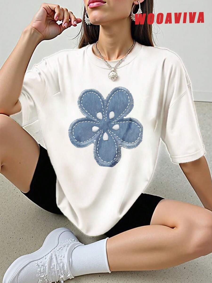 WOOAVIVA Plus Size Summer Y2K Cleanfit Casual Fitted Denim Flower Patchwork Design, Perfect For Spring Festivals, Casual Round Neck Short Sleeve Women T-Shirt, Suitable For Summer, Women Tops - Blanco - Ver 1