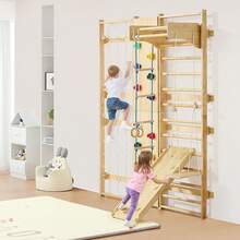 Swedish Ladder Wall Gym, 9-In-1 12-Level Solid Wood Gymnastic Stall Bars For Kids Adults, 220LBS Indoor Jungle Gym With Rock Climbing Wall, Gym Rings, Pull-Up Bar, Climbing Board, Slide, Swing - L, Natural Wood, 17-ply Grip, 9-in-1 Set - View 9