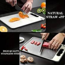 双面不锈钢切菜板，带汁槽和防滑硅胶垫 - 适合家庭和餐厅使用