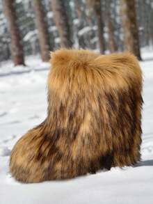 New Winter Warm Plush Faux Fur Snow Boots For Women - Black & Brown Ankle Booties With Soft Lining, Cozy Slip-On Design For Cold Weather Outdoor & Indoor Wear - 棕色 - 查看 4