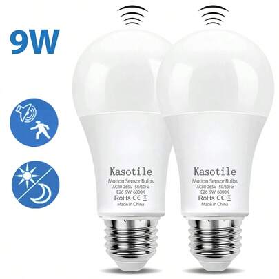 2pcs Kasotile LED Motion Sensor Light Bulb, A19 60W Equivalent, Motion Activated, Dusk To Dawn Auto On/Off, 9W , E26 Base, Indoor Lighting For Porch, Stairs, Hallway, Garage, Yard, 3000K Warm White/6000K Daylight