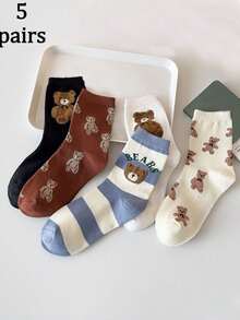 5 双女士可爱卡通熊条纹字母印花中筒袜，时尚休闲风格适合日常穿着